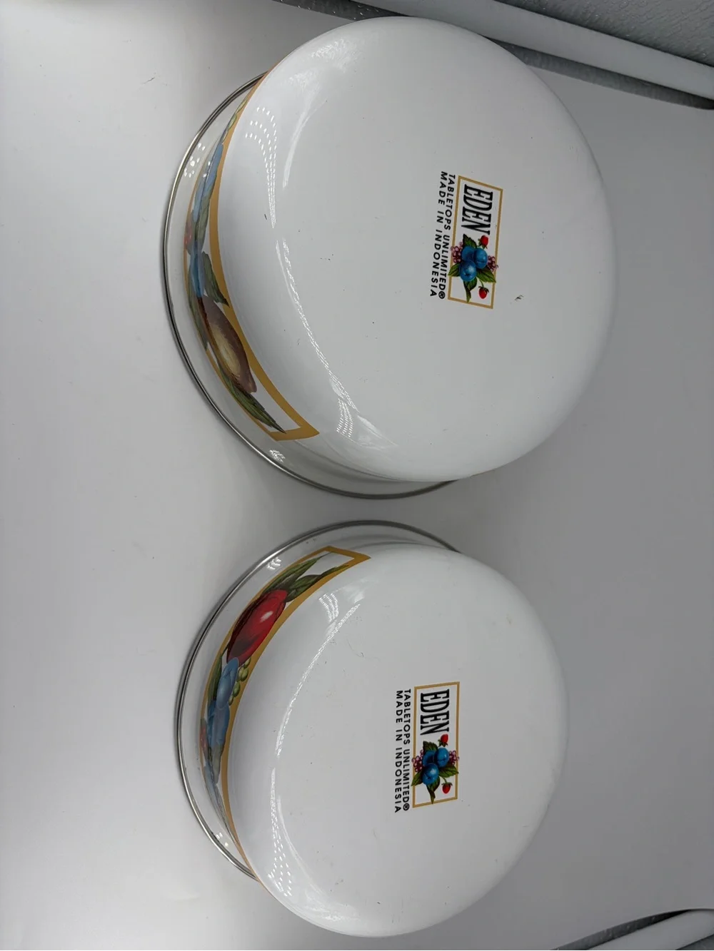 Tabletops Unlimited set of 2 EDEN enamel metal bowls.